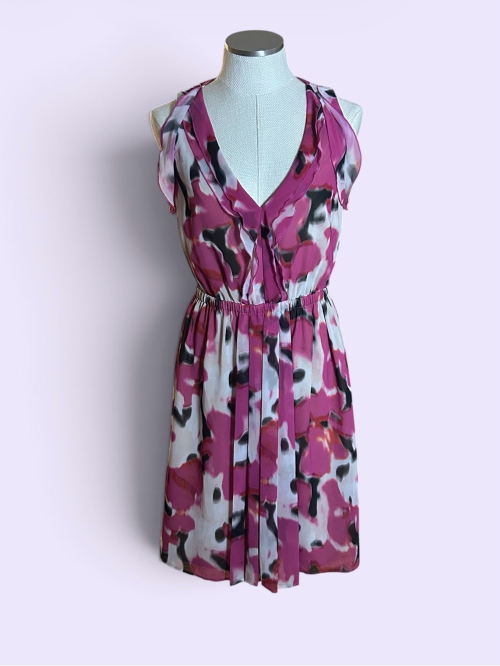 Ann Taylor LOFT Dress 6 Watercolor Floral Pink Magenta Ruffle Midi Wedding Guest